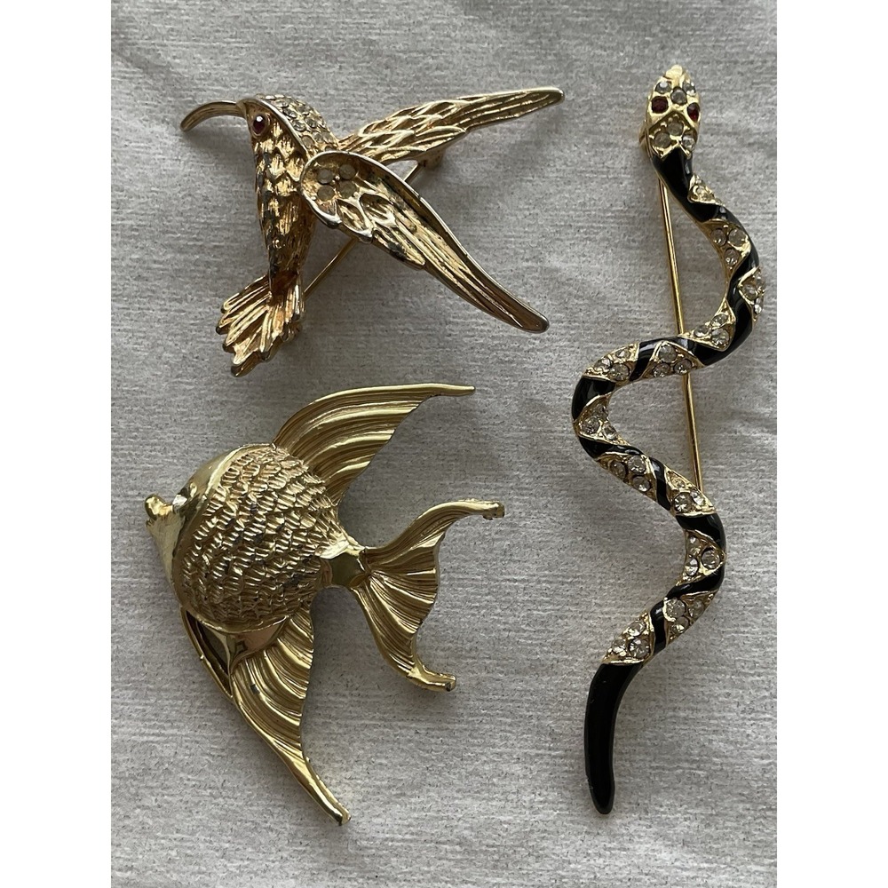 Lot Of 3 Vintage Brooch Pins Snake Fish Bird Estate Jewelry Rhinestones